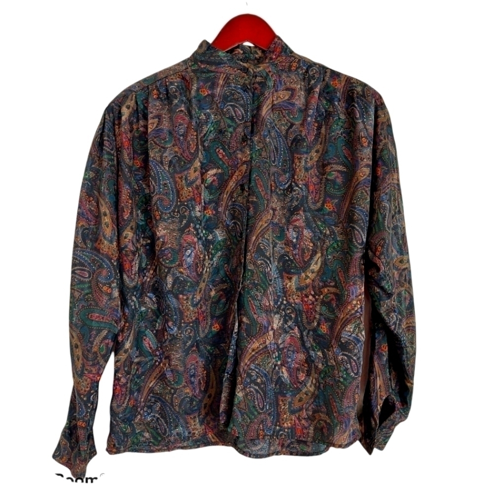 Regina Porter Vintage Paisley Pleated Sleeve Button Down Blouse Size S 70's 80's